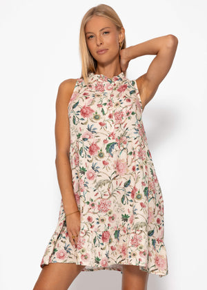 Smart dress with ruffles and floral print - beige