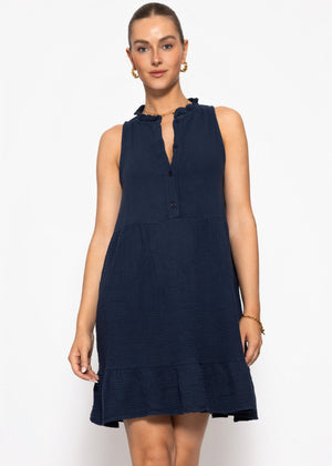 Ärmelloses Musselin Kleid mit Volants - dunkelblau
