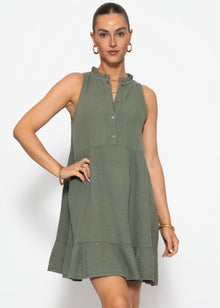 Ärmelloses Musselin Kleid mit Volants - khaki