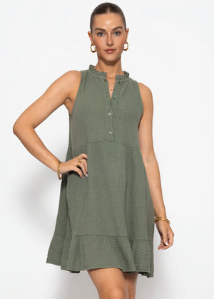 Ärmelloses Musselin Kleid mit Volants - khaki
