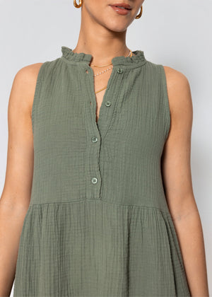 Ärmelloses Musselin Kleid mit Volants - khaki