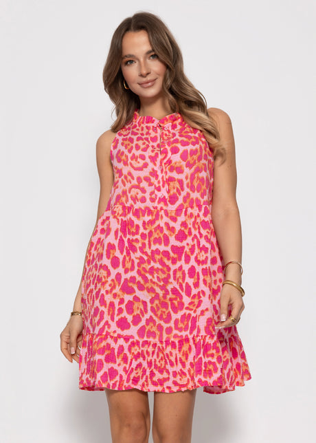 Ärmelloses Musselin Kleid mit Volants und Leo-Print - pink von SASSYCLASSY