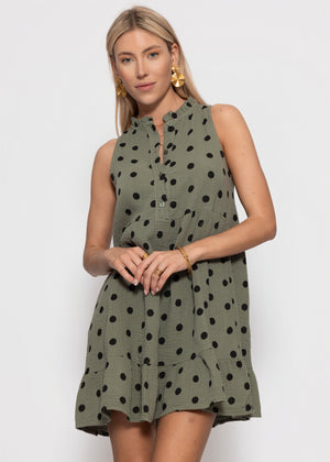 Ärmelloses Musselin Kleid mit Volants und Punkte Print - khaki