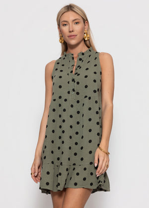 Ärmelloses Musselin Kleid mit Volants und Punkte Print - khaki