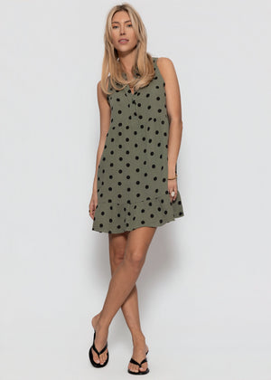 Ärmelloses Musselin Kleid mit Volants und Punkte Print - khaki