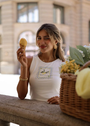 Ärmelloses Top mit Lemon-Print - weiß