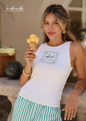 Ärmelloses Top mit Lemon-Print - weiß