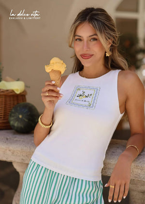 Ärmelloses Top mit Lemon-Print - weiß