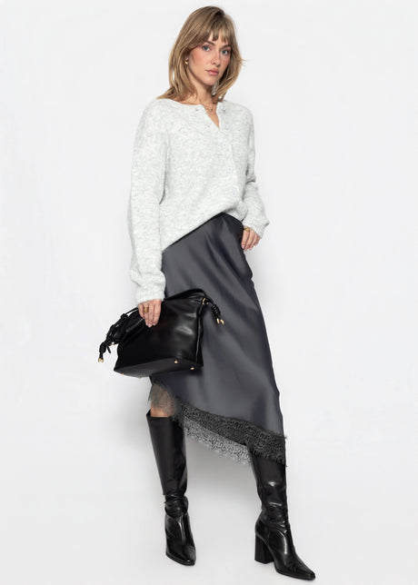 Asymmetrischer Satinrock mit Spitzenbesatz - grau