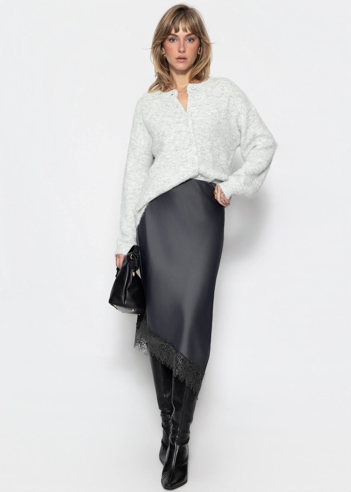 Asymmetrischer Satinrock mit Spitzenbesatz - grau