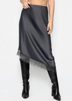 Asymmetrischer Satinrock mit Spitzenbesatz - grau
