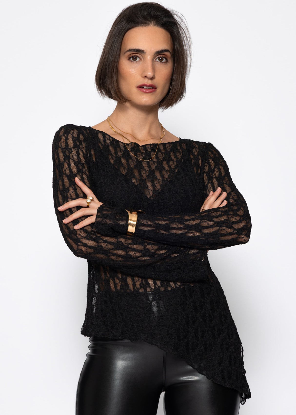 Asymmetrical lace top - black