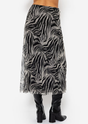 Flared mesh skirt with zebra print - light grey
