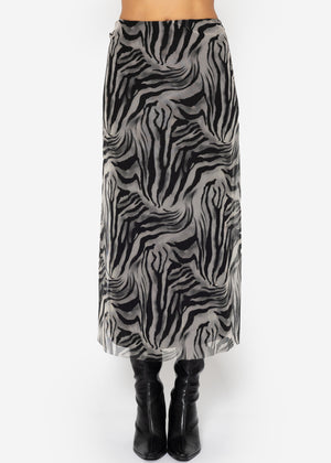 Flared mesh skirt with zebra print - light grey