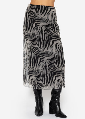 Flared mesh skirt with zebra print - light grey