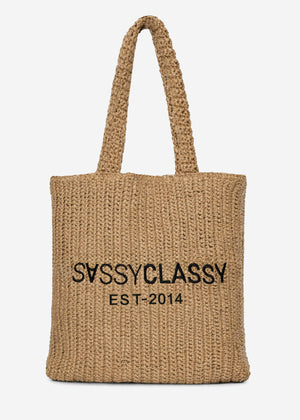 Raffia shopper with logo - beige