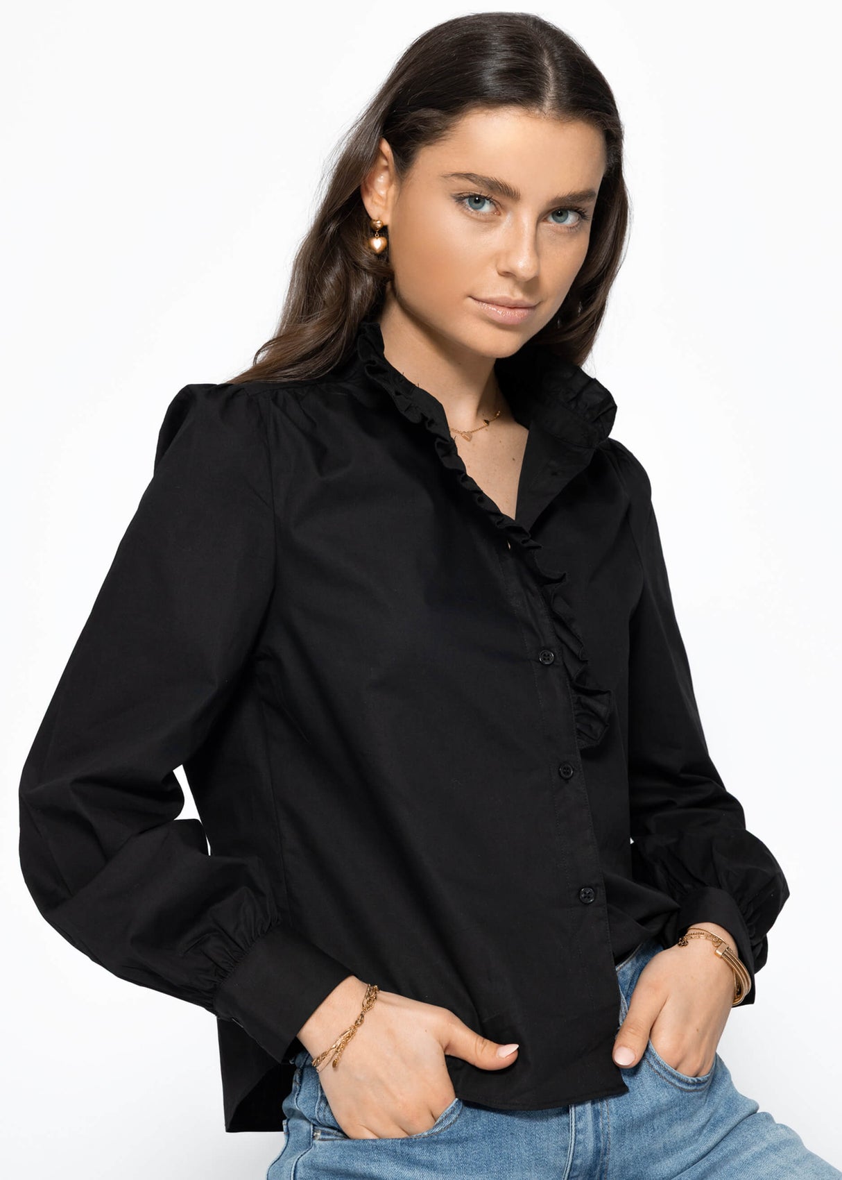 Cotton blouse with ruffles - black