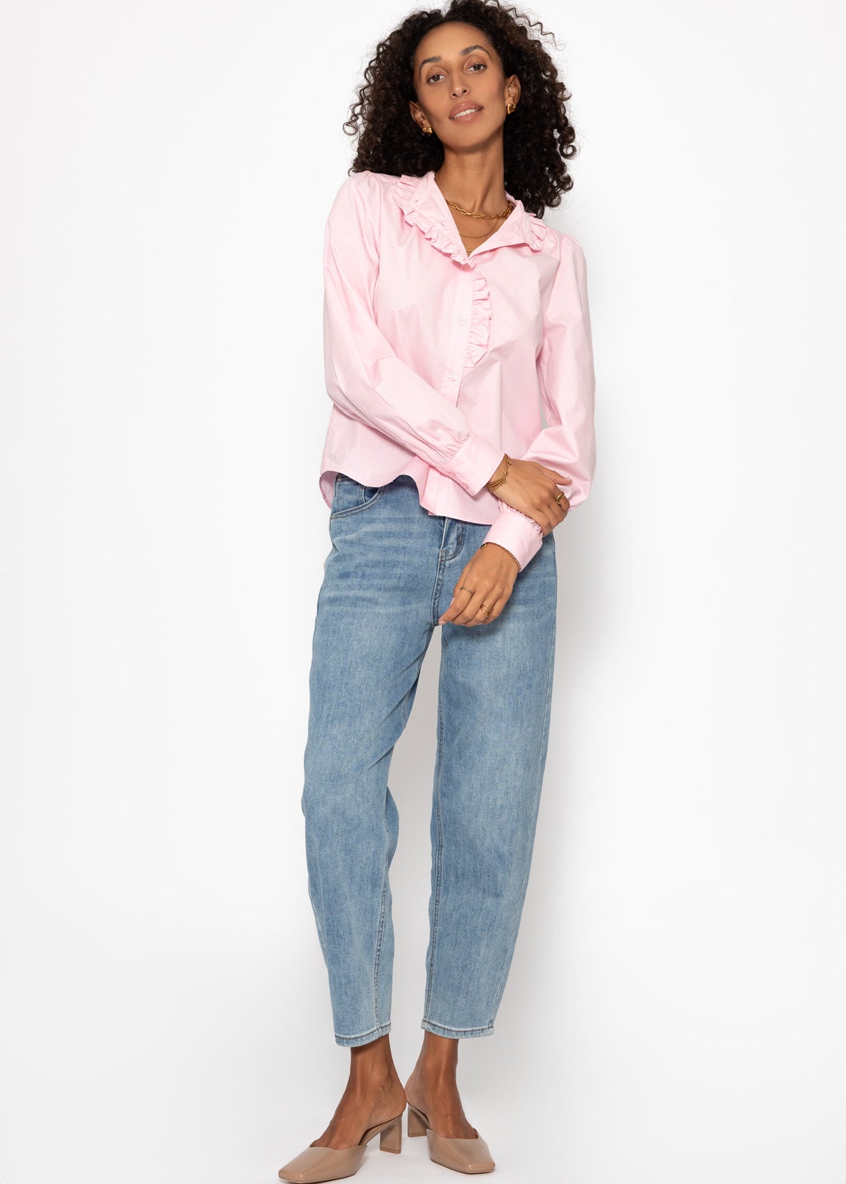 Cotton blouse with ruffles - pink