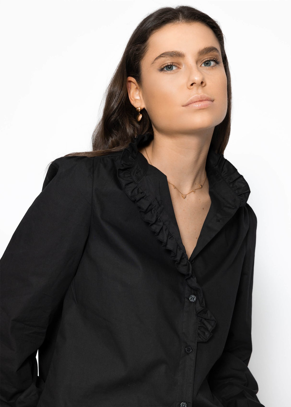 Cotton blouse with ruffles - black