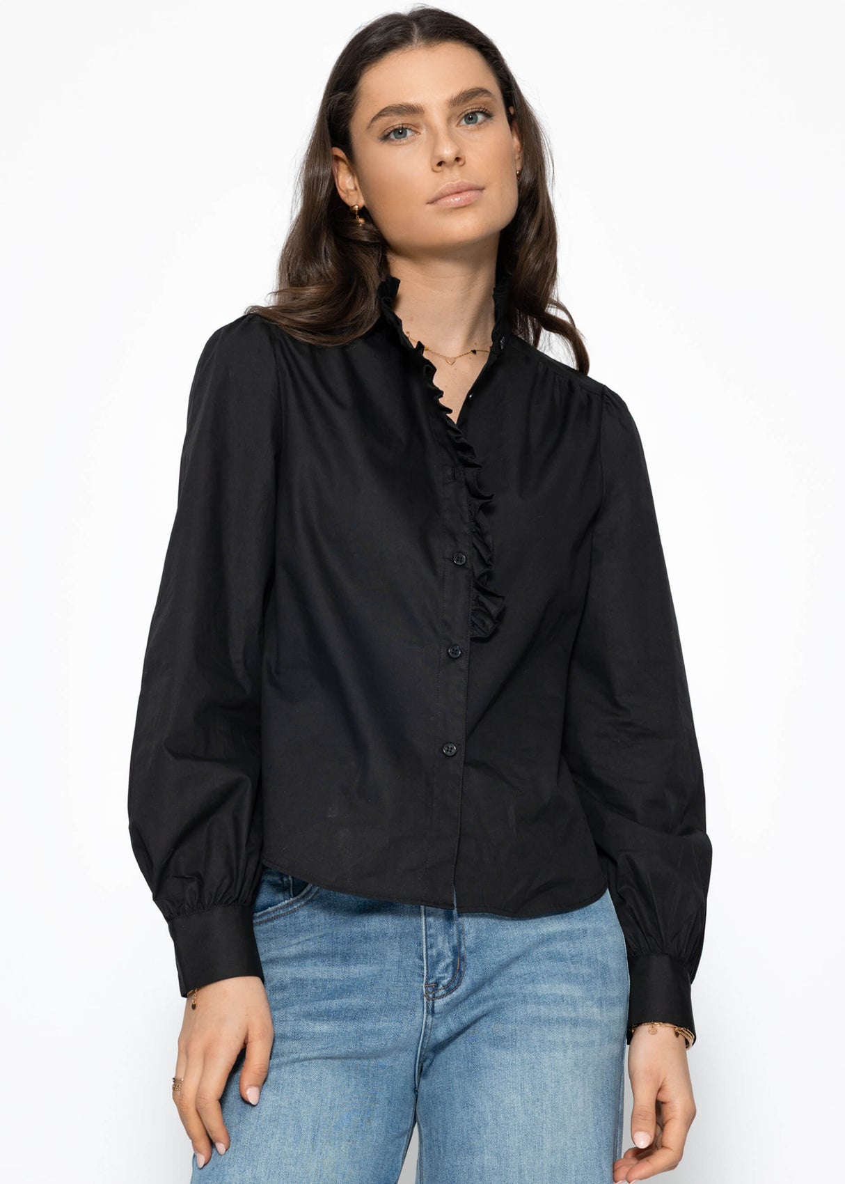 Cotton blouse with ruffles - black