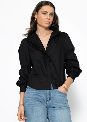 Cotton blouse with ruffles - black