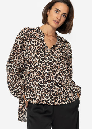 Cotton blouse shirt with leopard print - brown