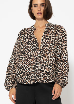 Cotton blouse shirt with leopard print - brown