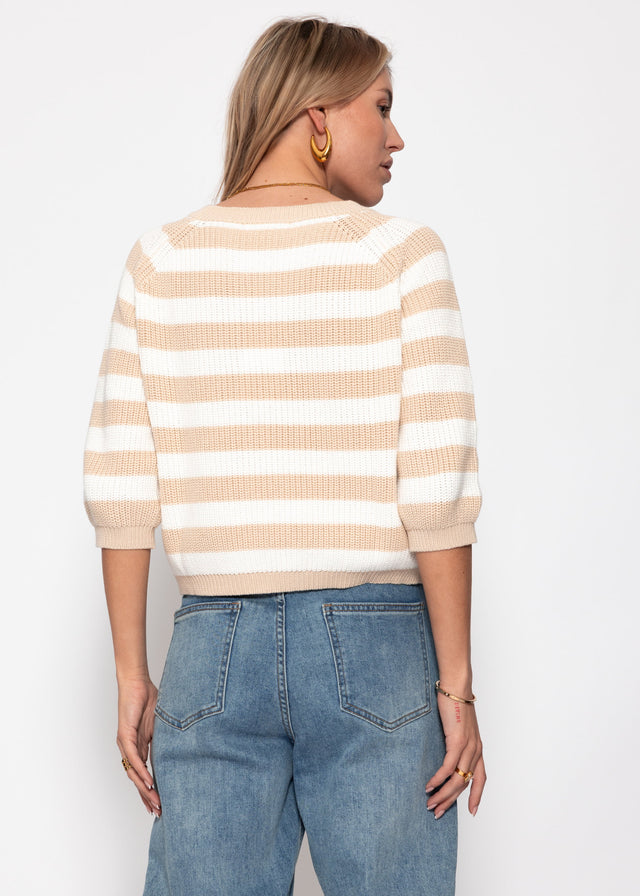 Baumwoll-Pullover mit 3/4-Ärmeln und Streifen - beige-offwhite