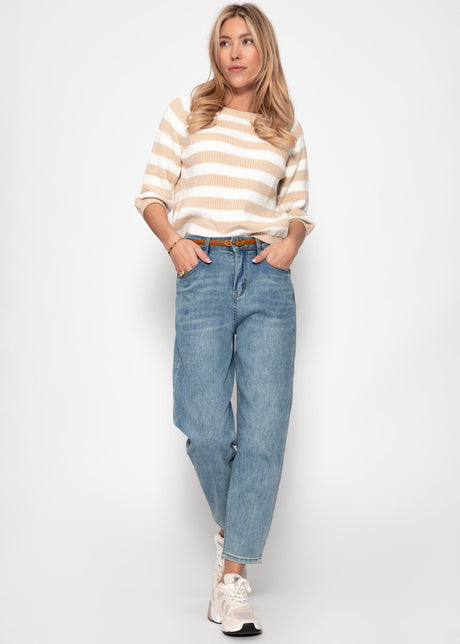 Cotton jumper with three-quarter sleeves and stripes - beige-off-white