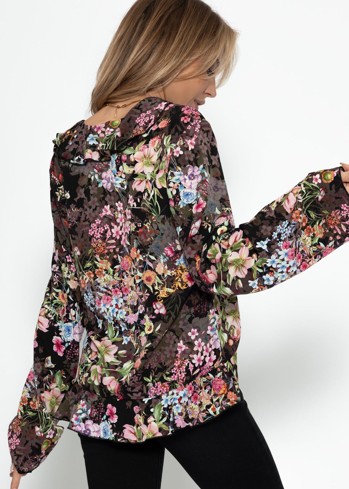 Bluse mit Bindeband und Blumen-Print - schwarz