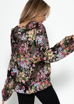 Bluse mit Bindeband und Blumen-Print - schwarz