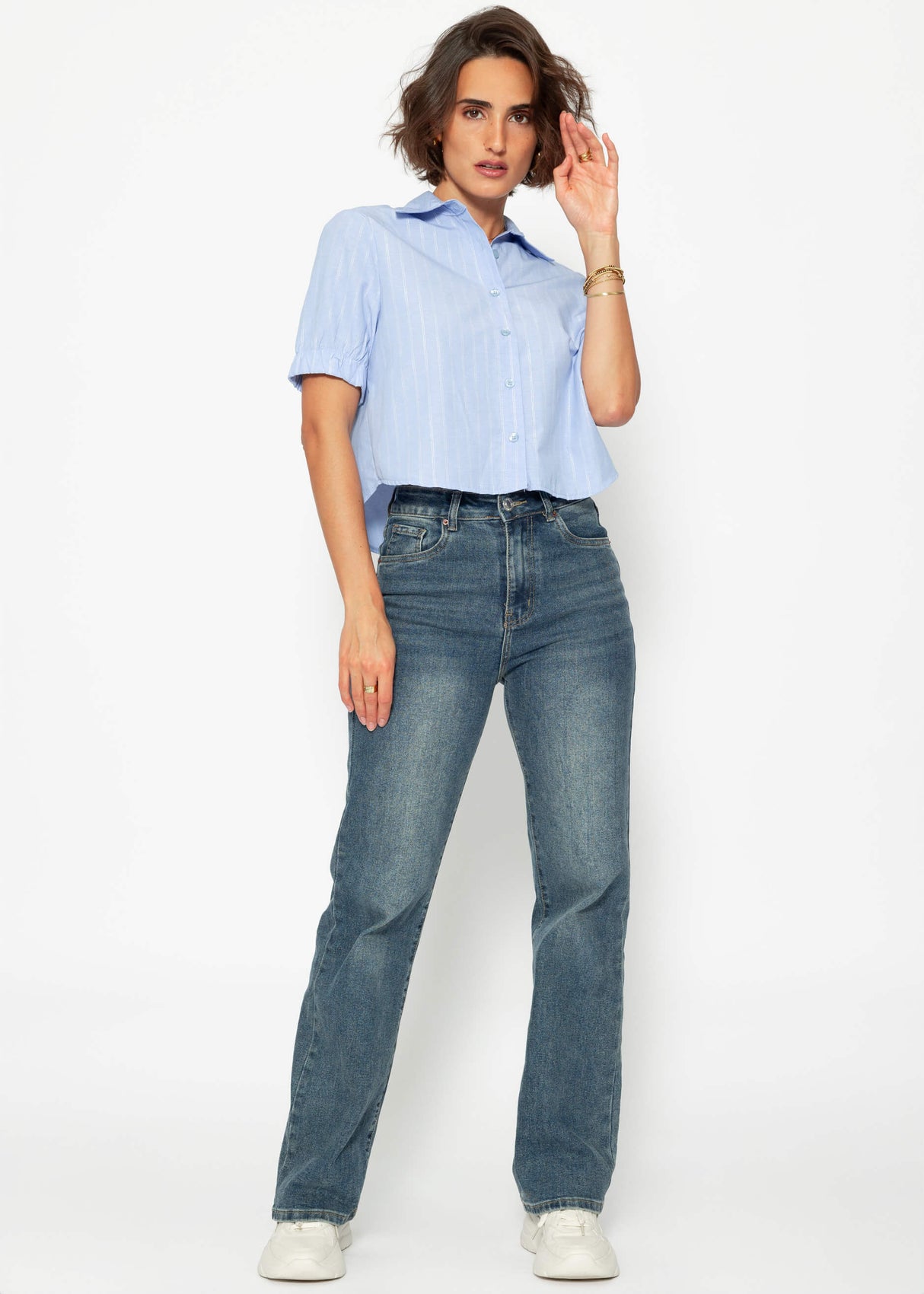 Blouse with lurex stripes - light blue