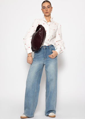 Blouse with red heart embroidery - white