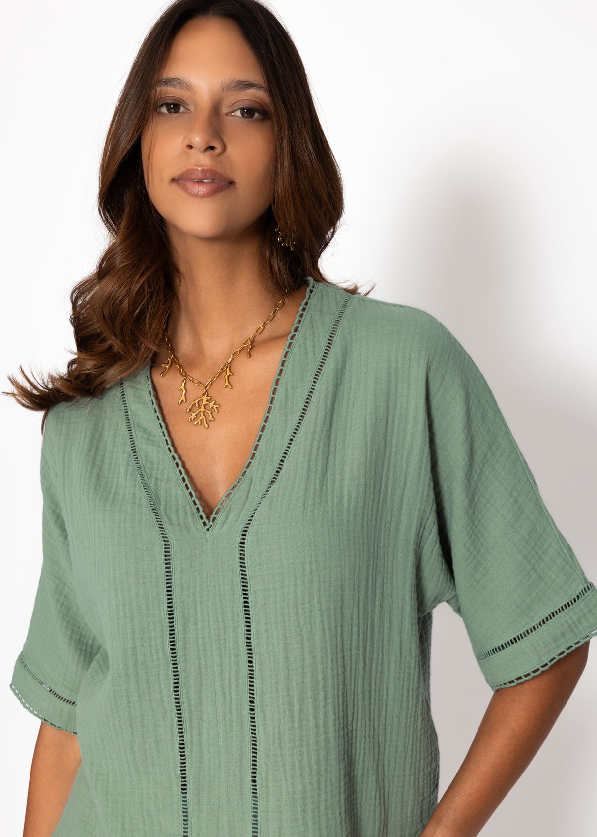 Muslin blouse with lace insert - sage green