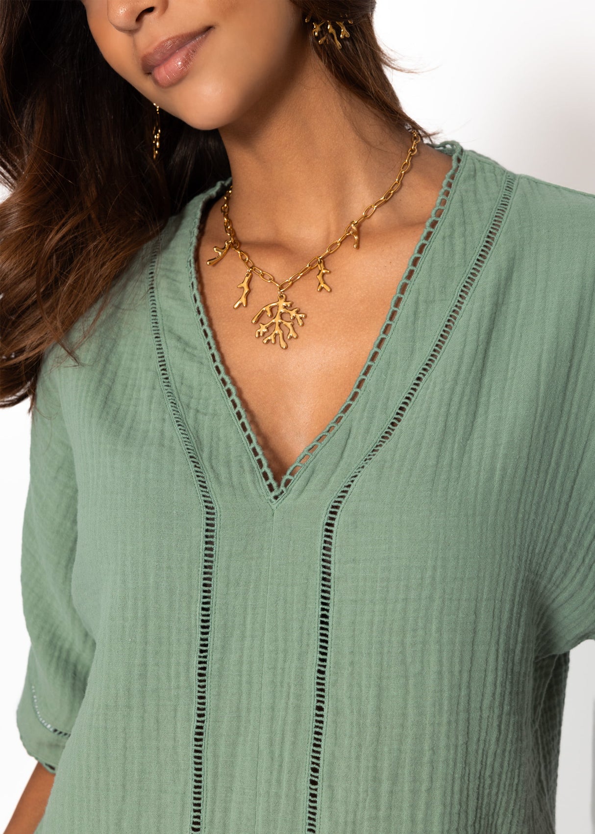 Muslin blouse with lace insert - sage green