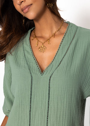 Muslin blouse with lace insert - sage green