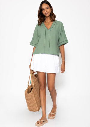 Muslin blouse with lace insert - sage green