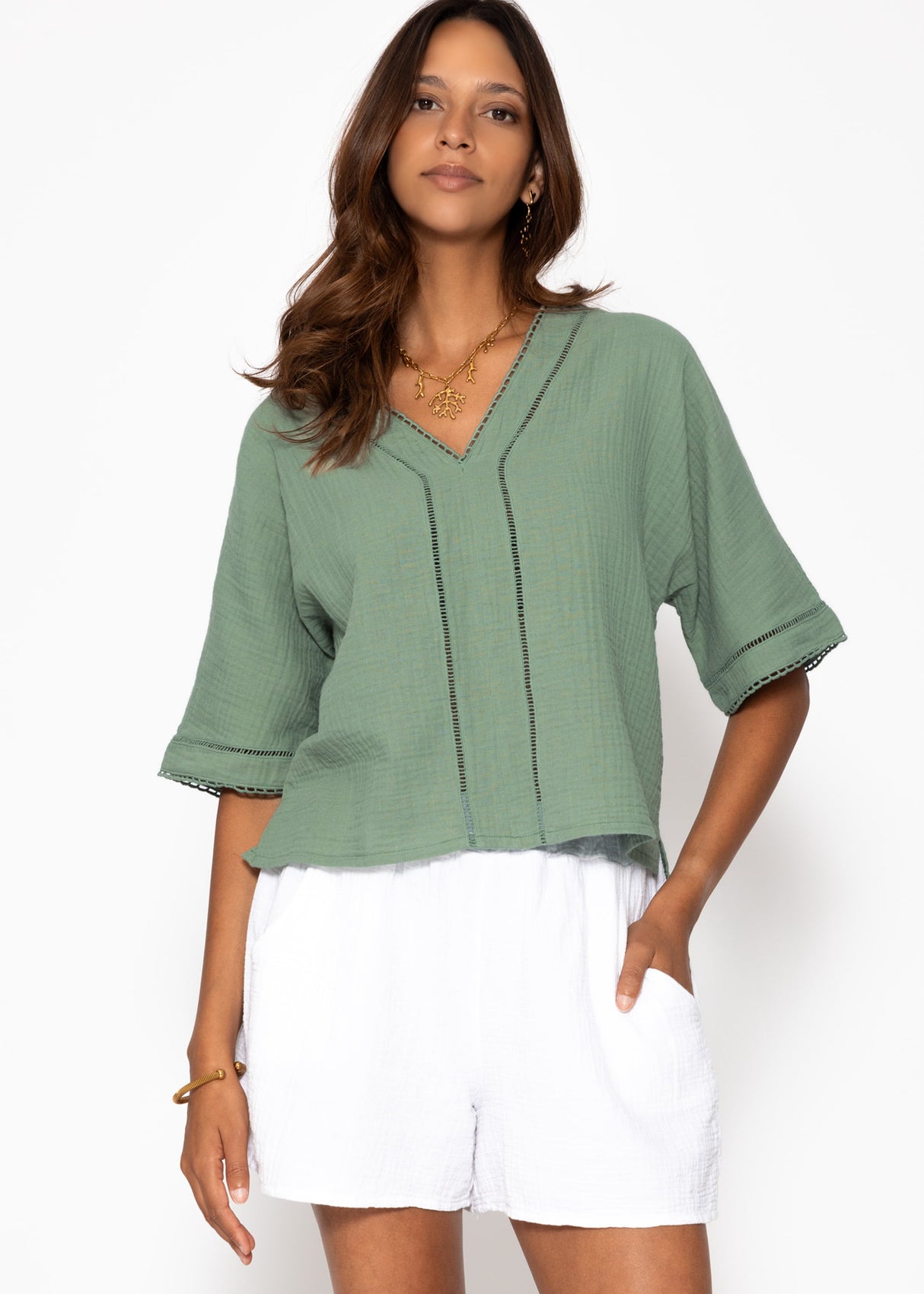 Muslin blouse with lace insert - sage green
