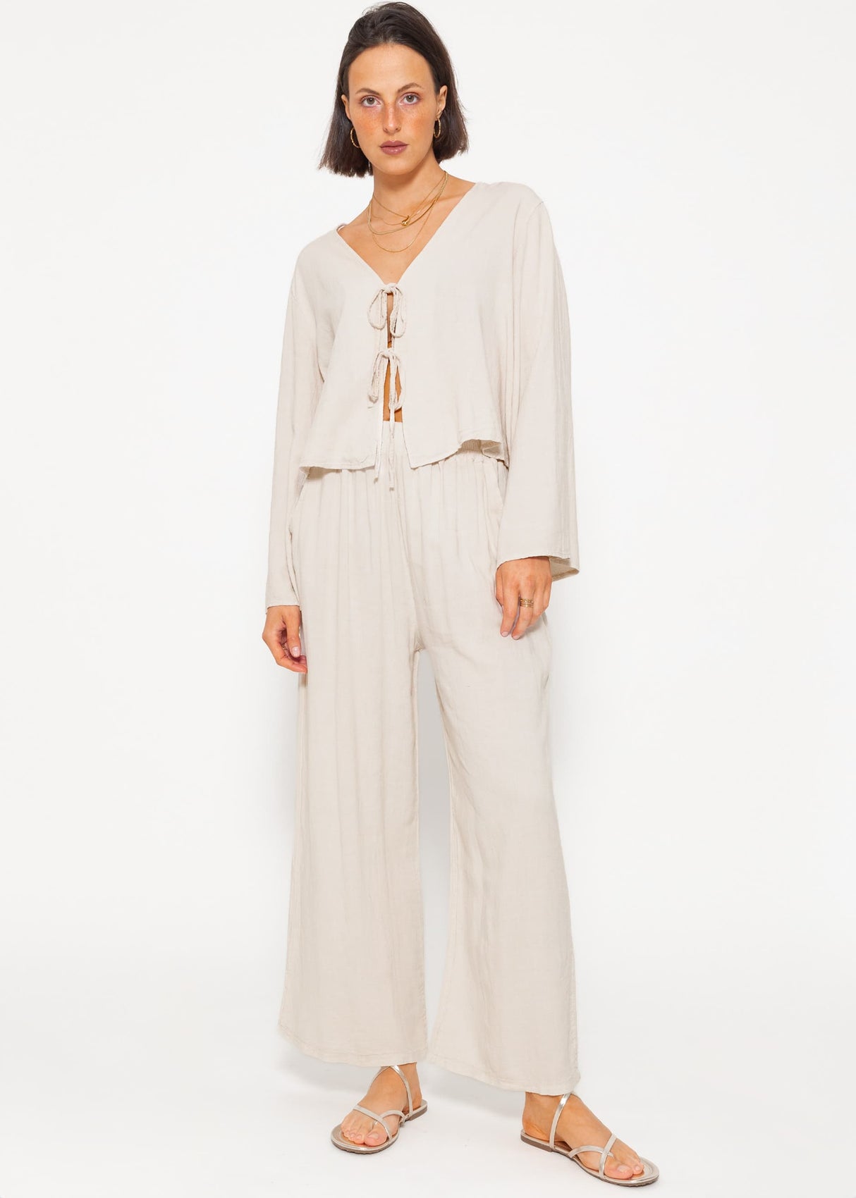 Linen blouse jacket with ties - greige