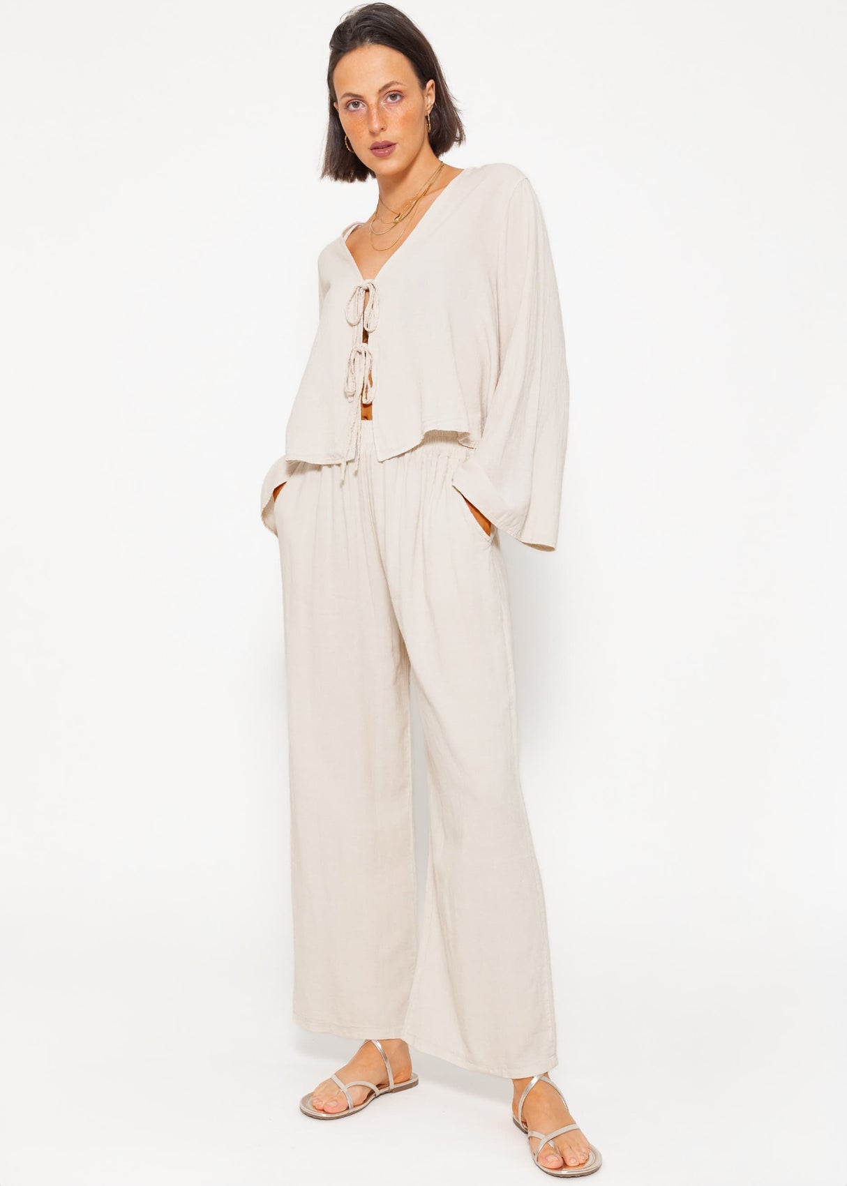 Linen blouse jacket with ties - greige