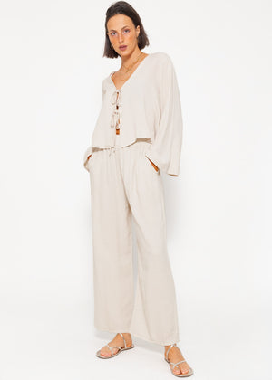 Linen blouse jacket with ties - greige