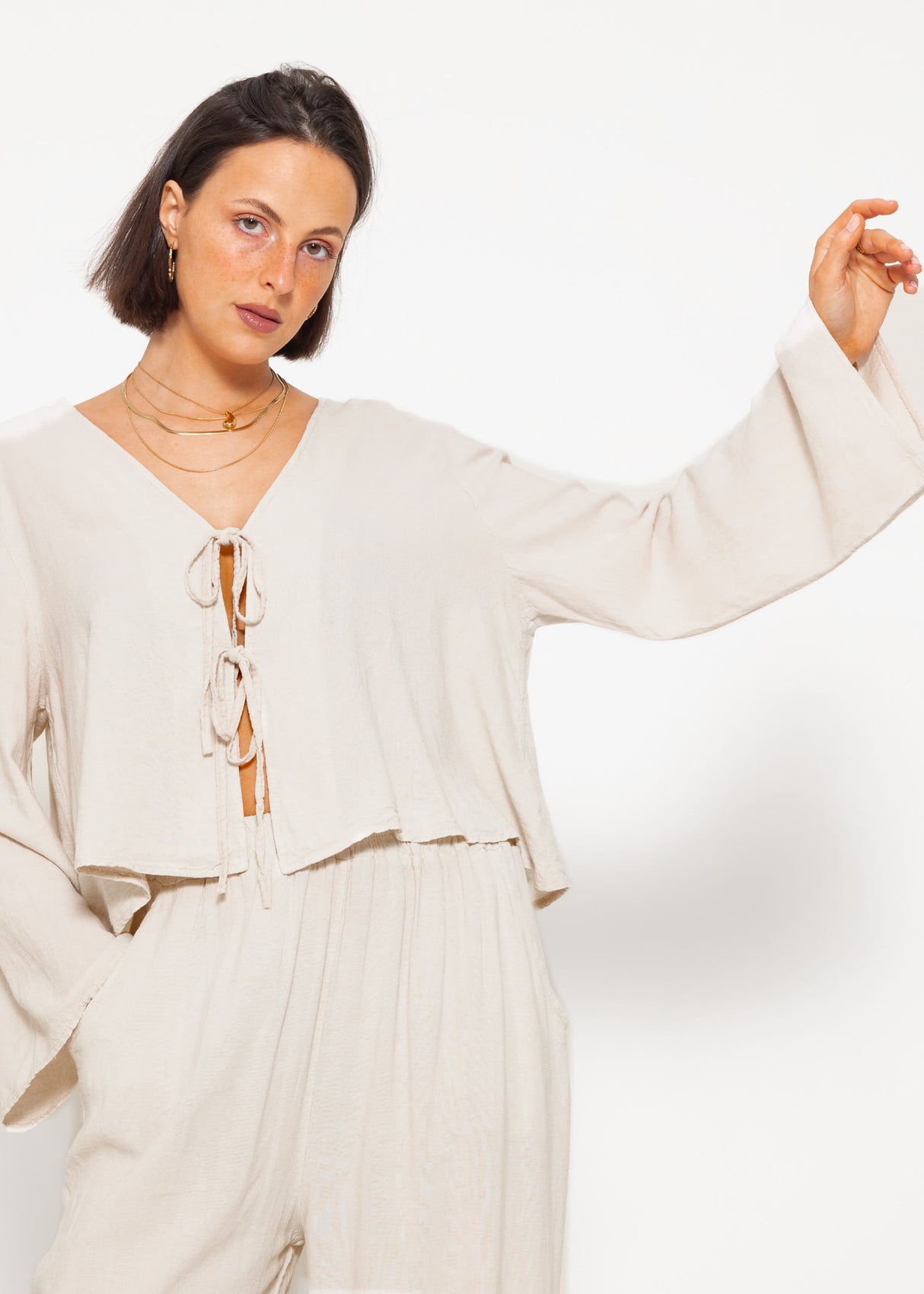 Linen blouse jacket with ties - greige