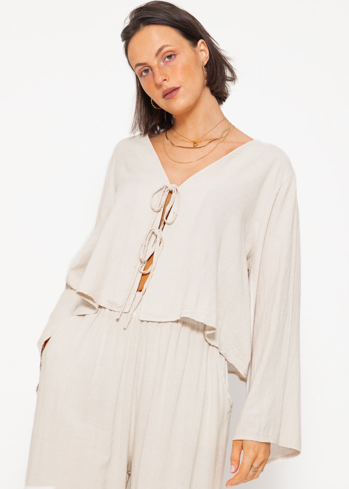 Linen blouse jacket with ties - greige