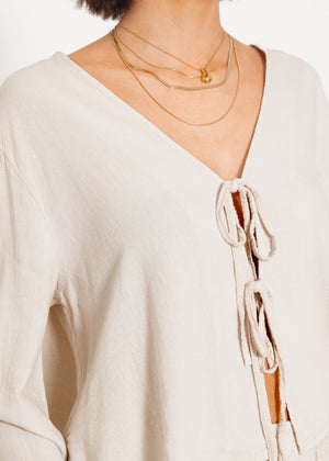 Linen blouse jacket with ties - greige