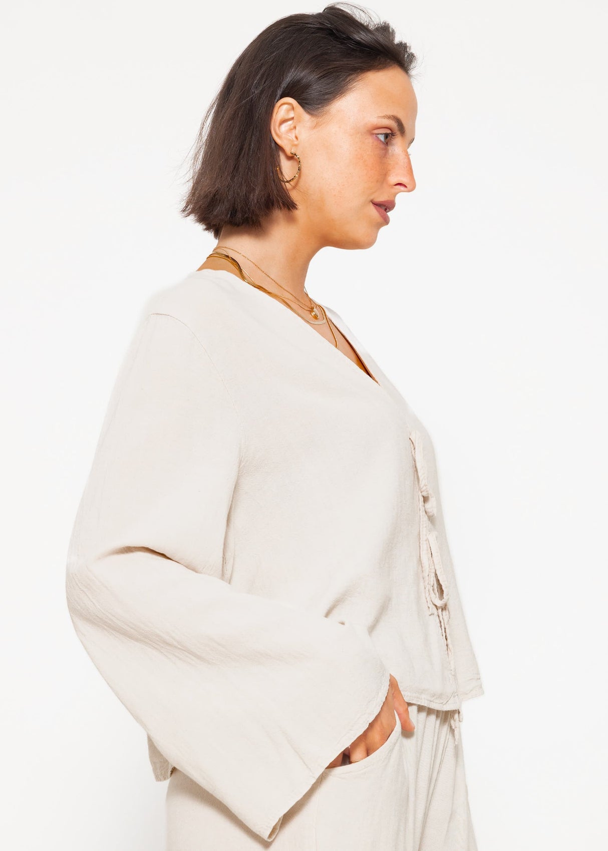 Linen blouse jacket with ties - greige