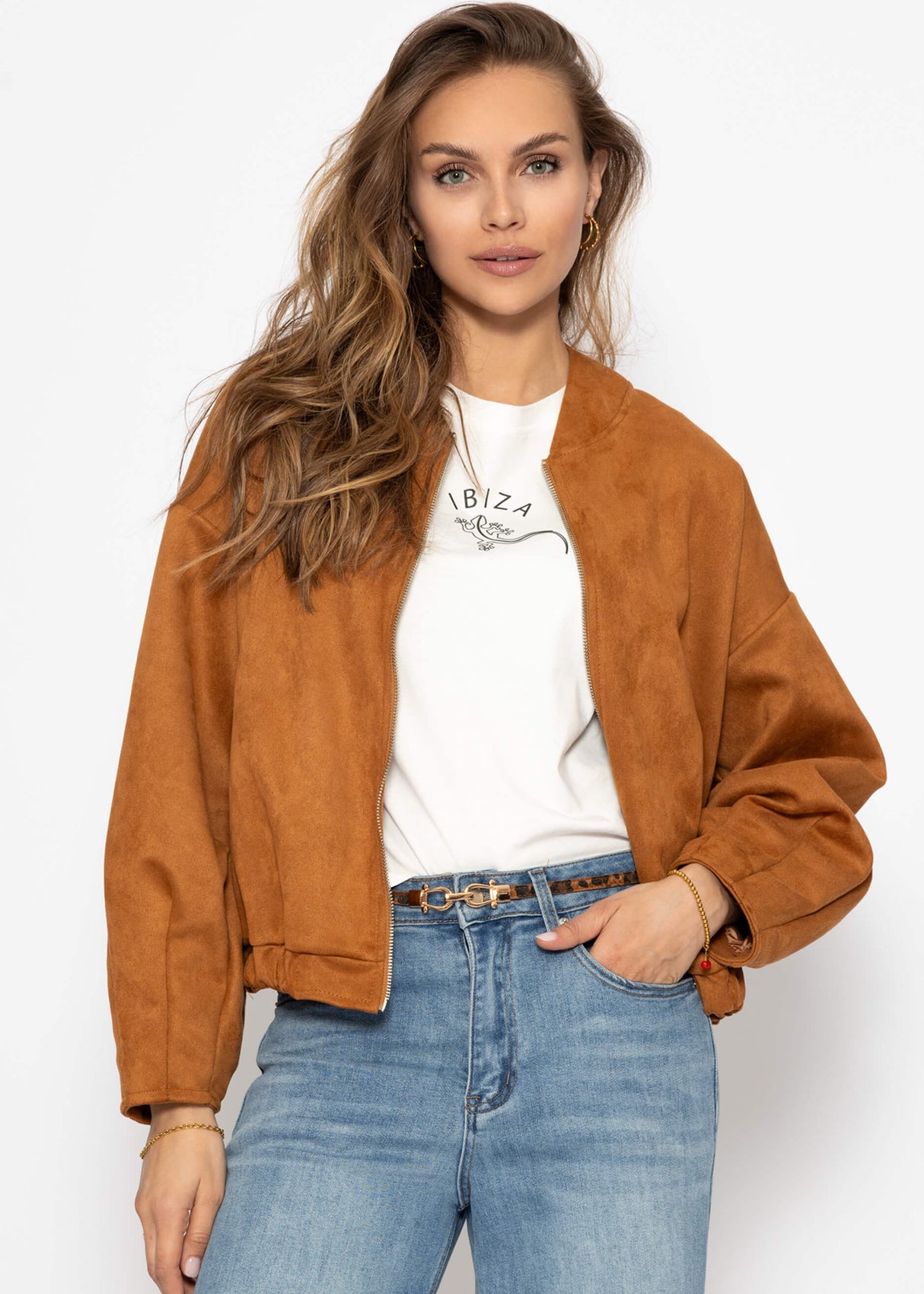 Oversized bomber jacket in suede look - brown