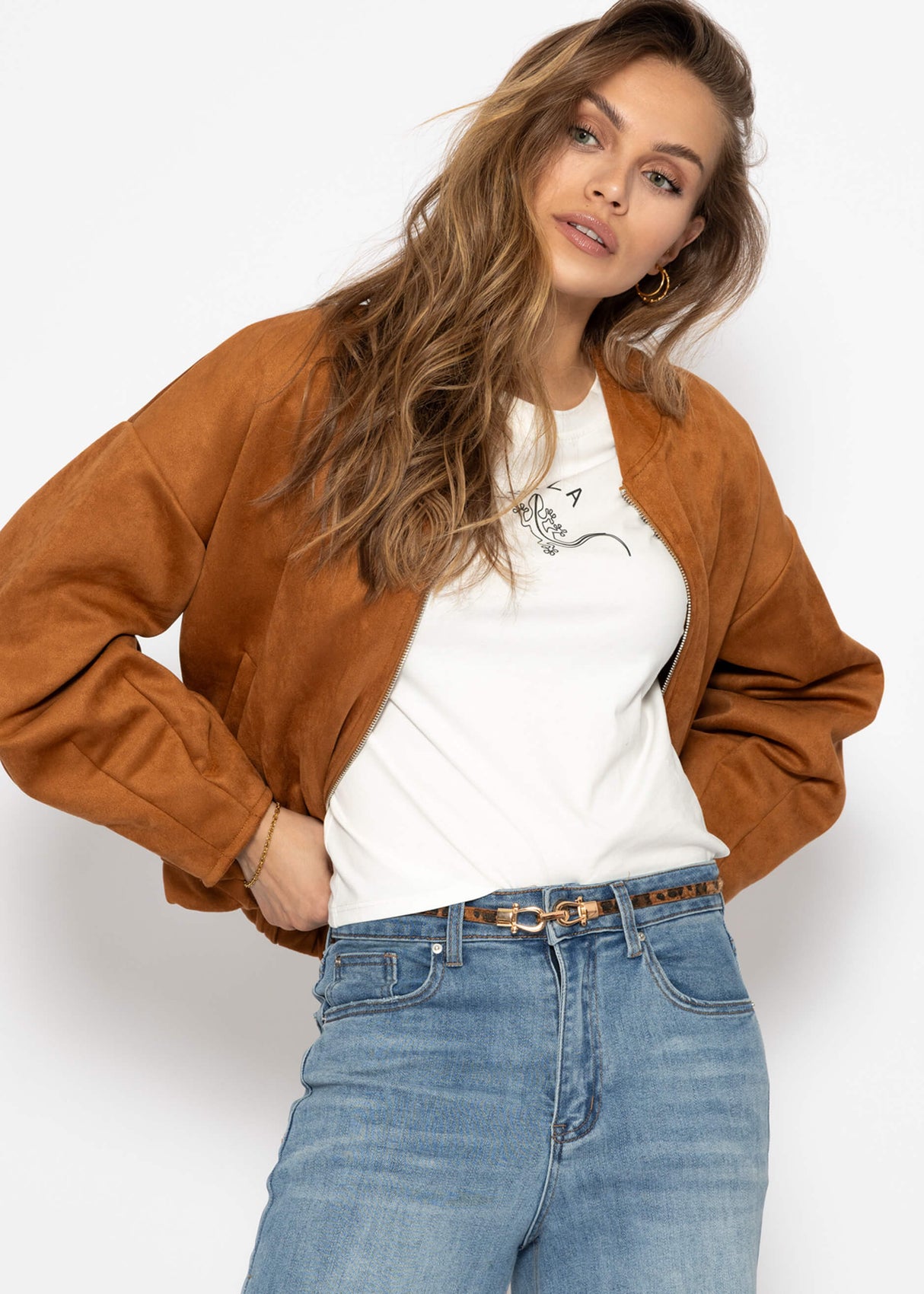 Oversized bomber jacket in suede look - brown