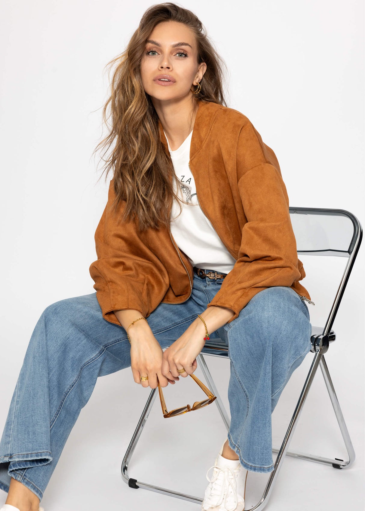 Oversized bomber jacket in suede look - brown