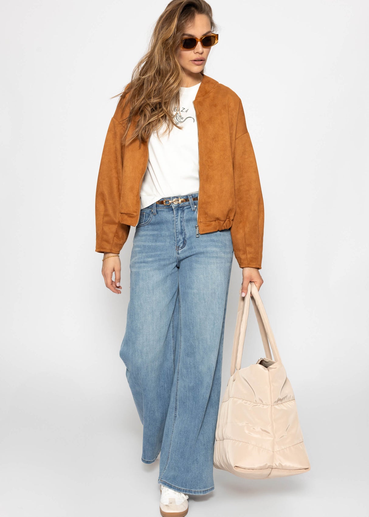 Oversized bomber jacket in suede look - brown
