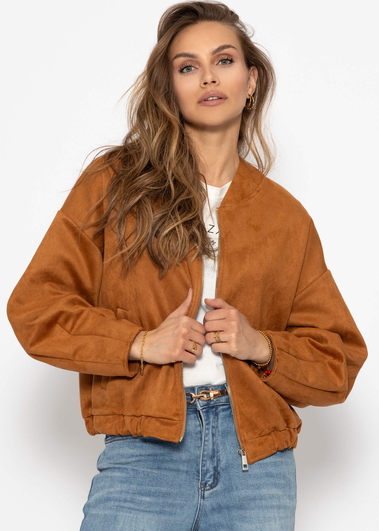 Oversized bomber jacket in suede look - brown